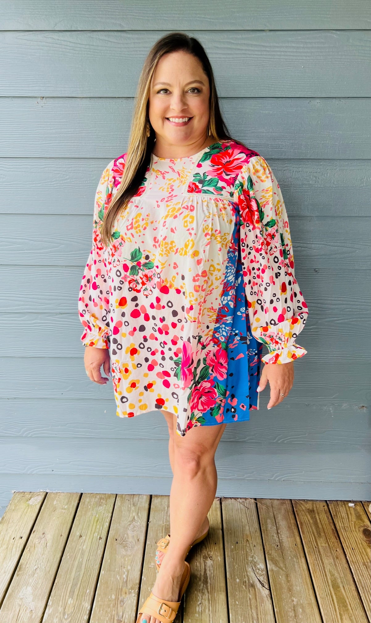 Mixed Print Crochet Trim Detailed Dress with Ruffle Sleeves