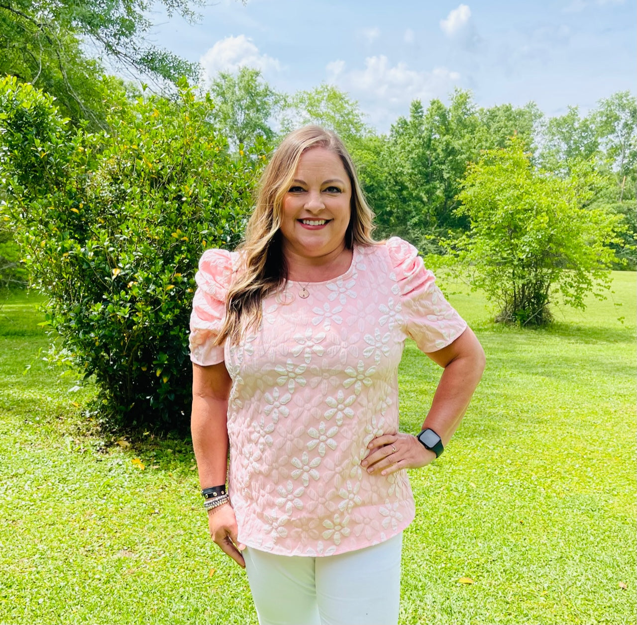 Pink Floral Lace Ruched Bubble Sleeve Top