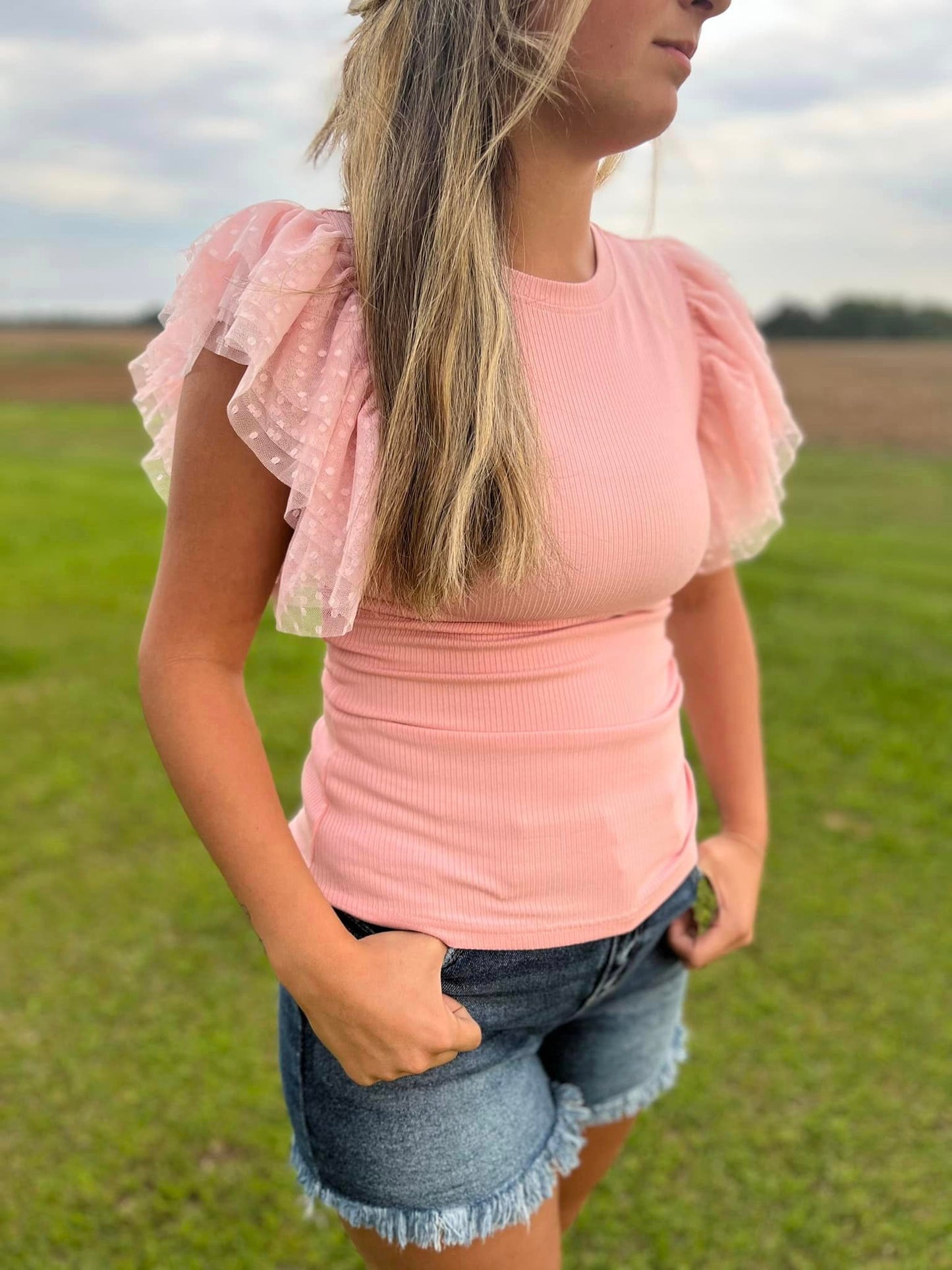 Pink Dotty Mesh Ruffle Sleeve Ribbed Knit Top