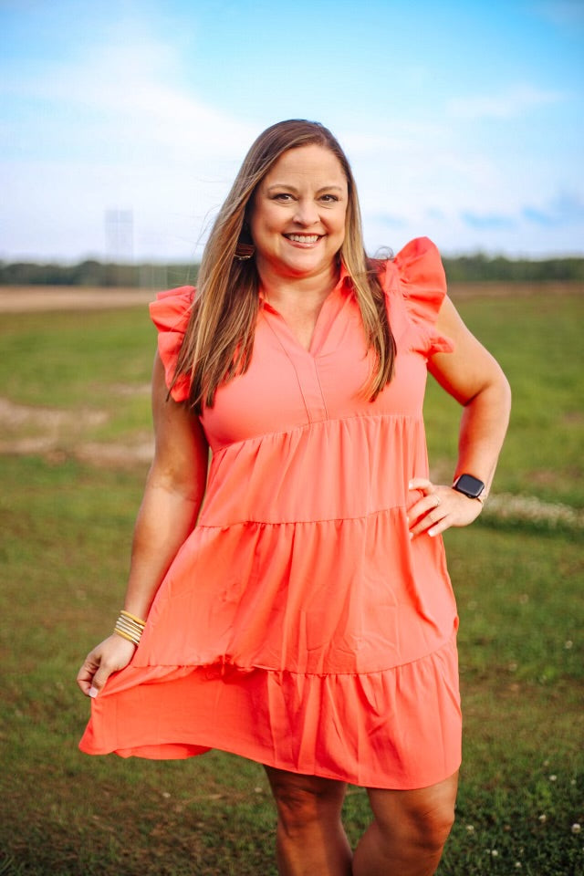 Coral PinkTiered Short Dress with Flutter Sleeves & Collar