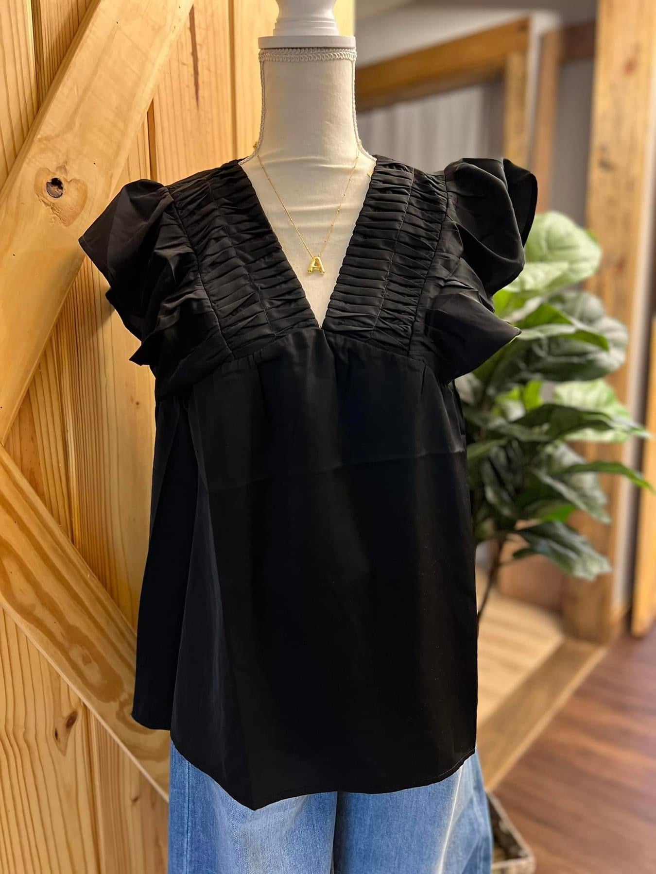 Black V Neck  Ruffle Sleeve Top