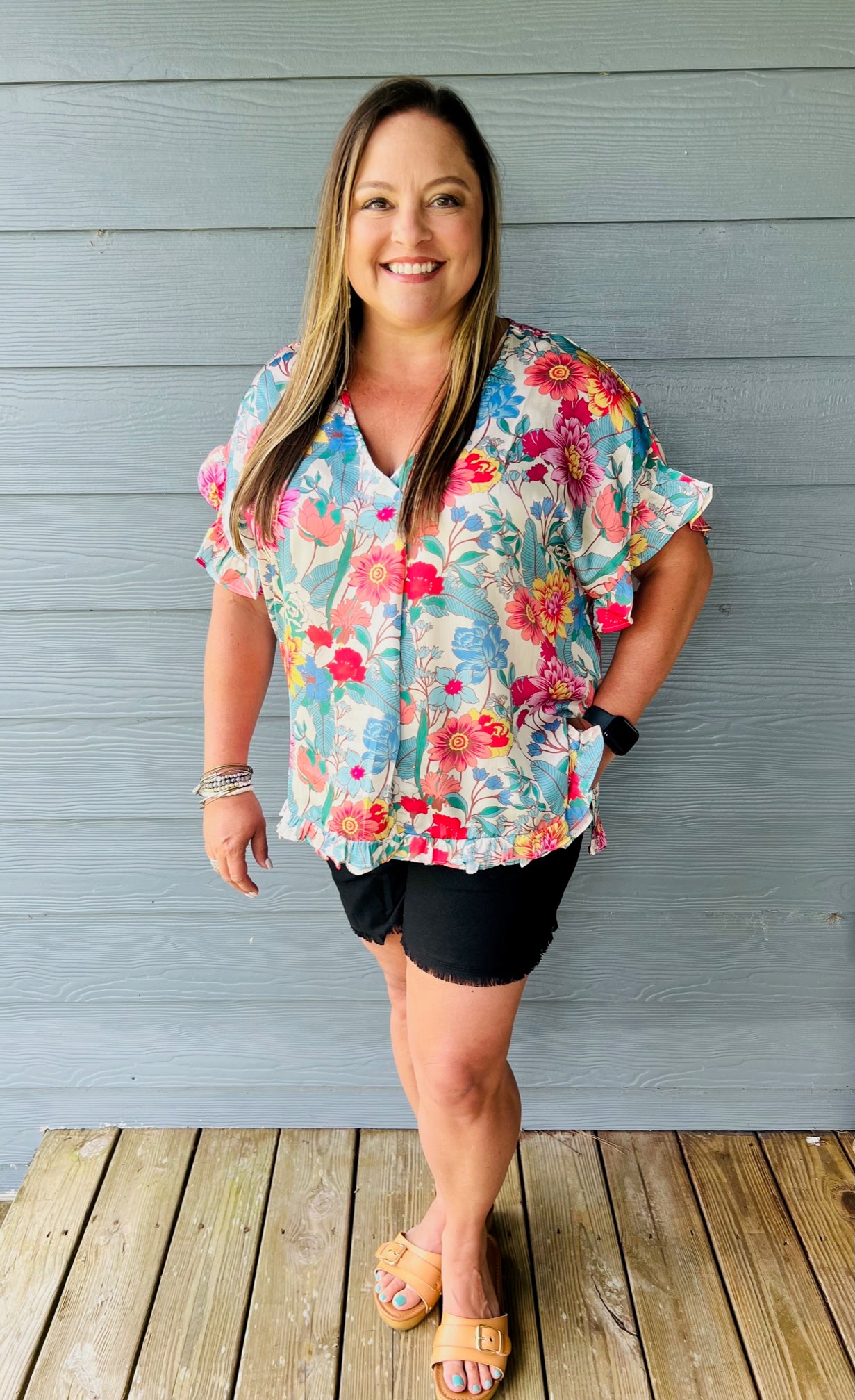 Floral Print V-Neck Short Ruffle Hem Sleeve Top with Side Slits